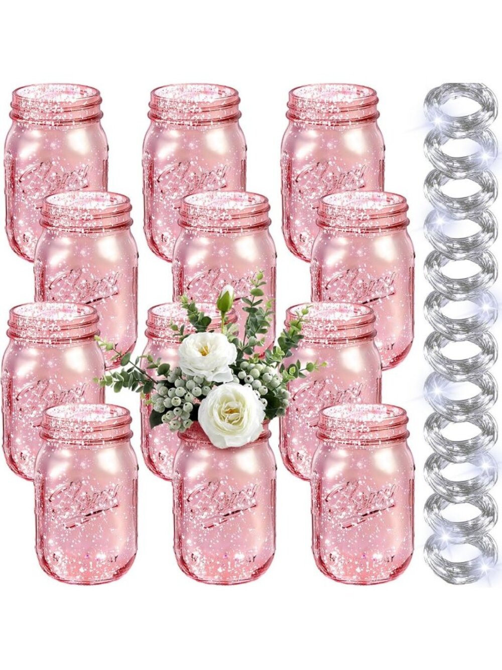 12-Piece Decorative Mason Jar Set with Lights - Perfect Table Centerpiece, Pink